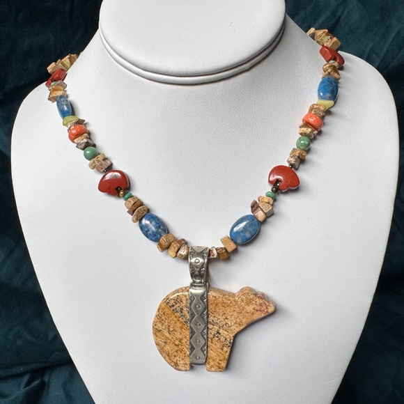 Carolyn Pollack Relios Sterling Silver Jasper Bear Pendant Necklace Southwestern - Picture 1 of 16